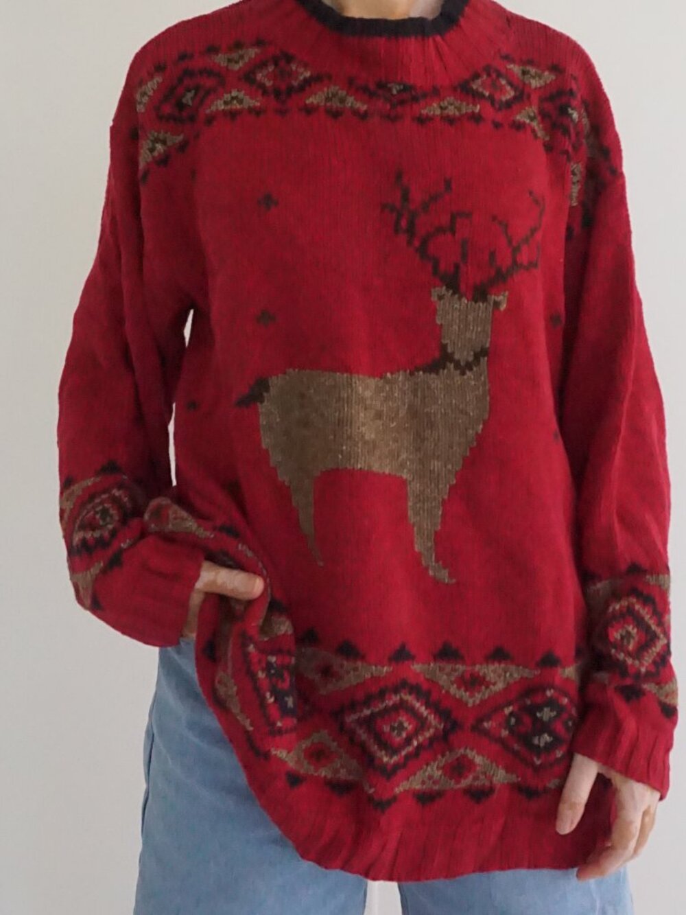 Vintage Eddie Bauer Red Reindeer Nordic Fair Isle Hand Knit Christmas Sweater XL